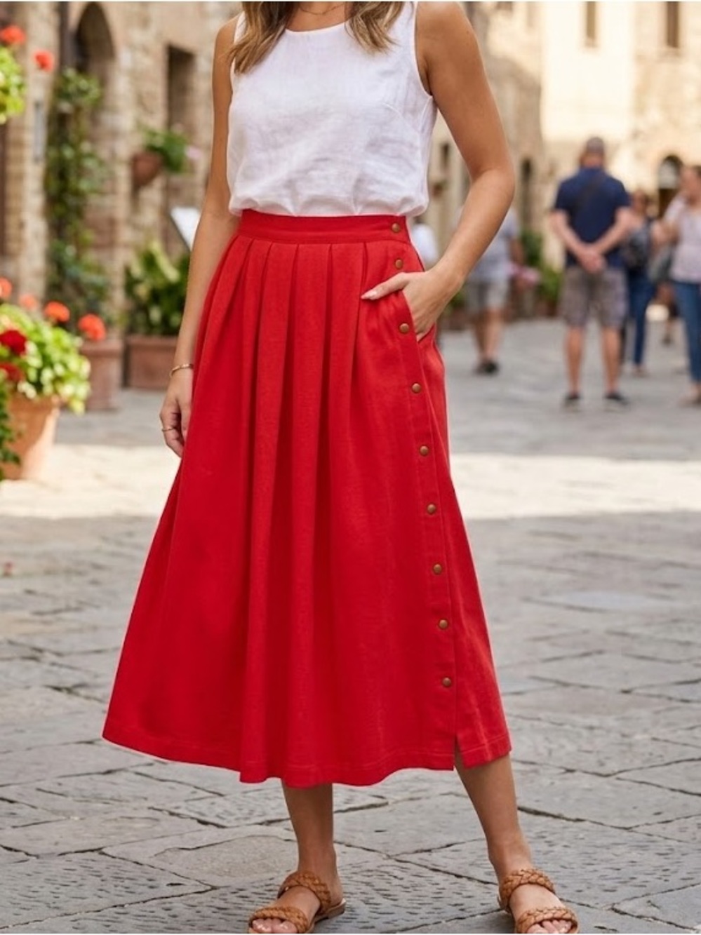 VTG 90s Lizsport Red Midi Skirt Side Button Detail 100% Cotton Sz S High Waist